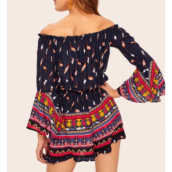 Boho Off Shoulder Printed Romper - Picture 2 of 3
